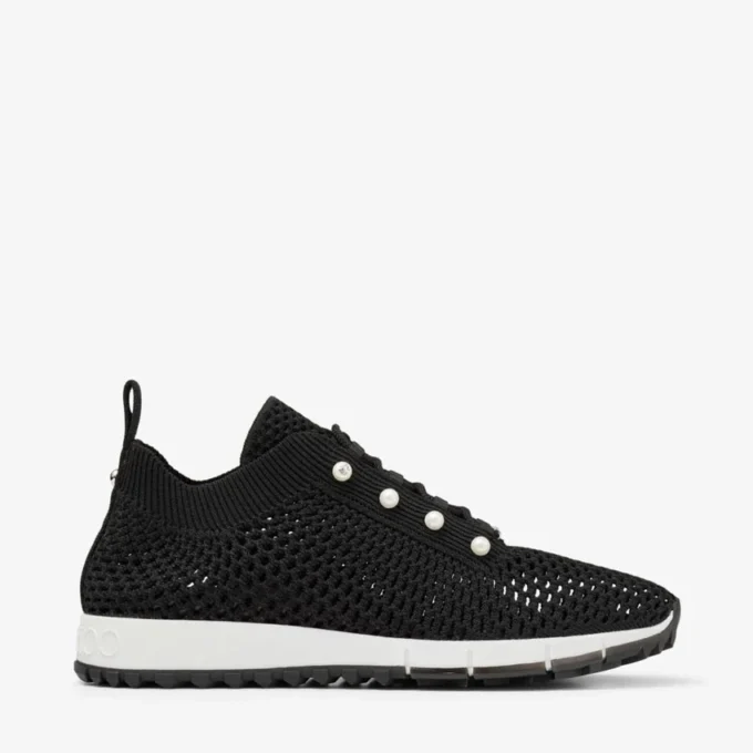 Adidași Veles negri cu talpă joasă, din tricot croșetat, cu perle