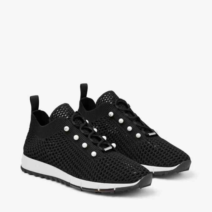 Adidași Veles negri cu talpă joasă, din tricot croșetat, cu perle