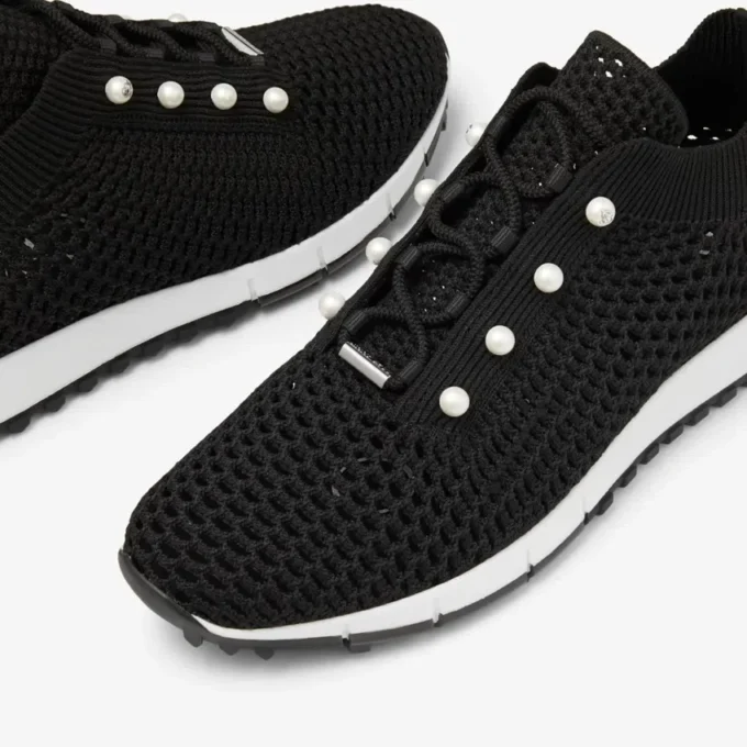 Adidași Veles negri cu talpă joasă, din tricot croșetat, cu perle