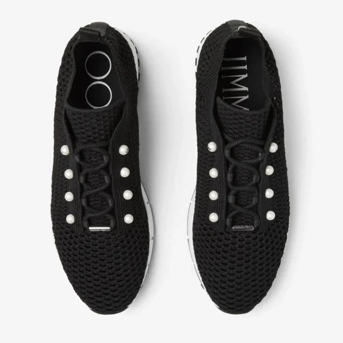Adidași Veles negri cu talpă joasă, din tricot croșetat, cu perle
