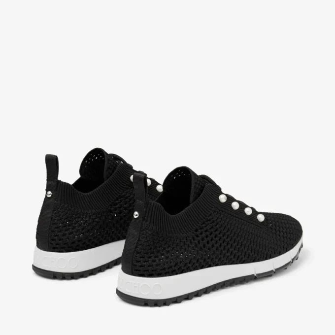 Adidași Veles negri cu talpă joasă, din tricot croșetat, cu perle
