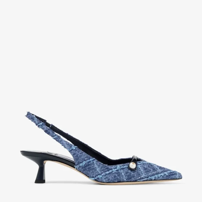 Amita 45 Slingback din denim cu model încrucișat de culoare marină și piele lăcuită