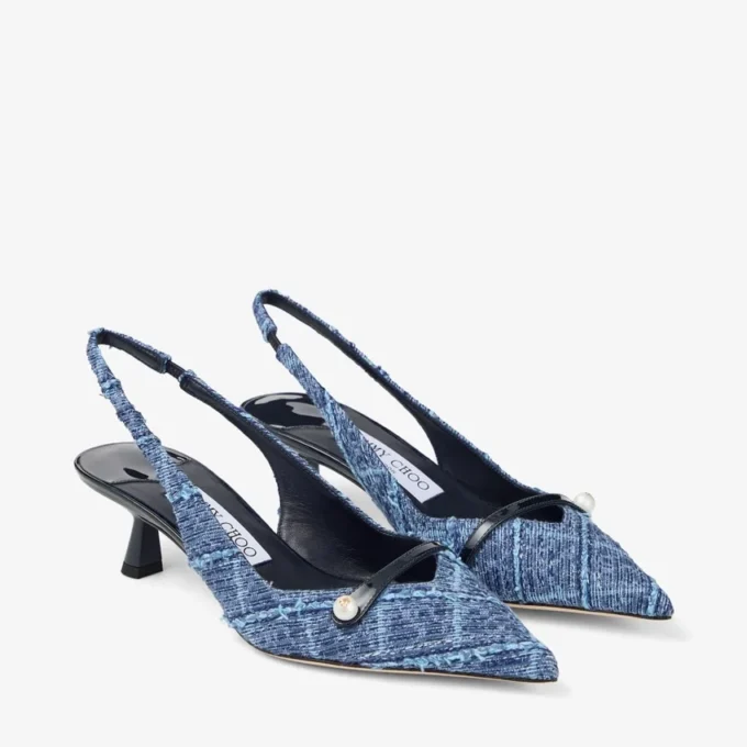 Amita 45 Slingback din denim cu model încrucișat de culoare marină și piele lăcuită
