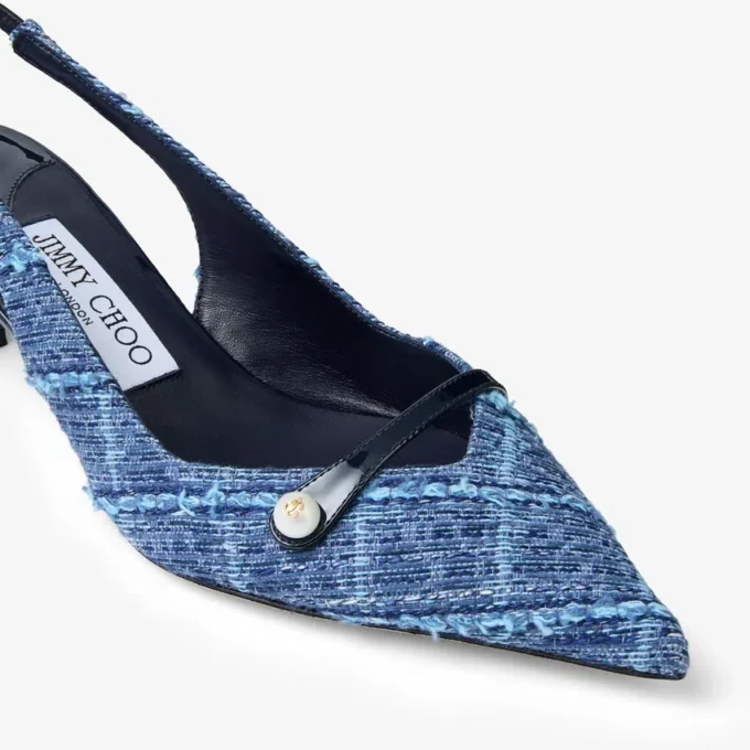 Amita 45 Slingback din denim cu model încrucișat de culoare marină și piele lăcuită
