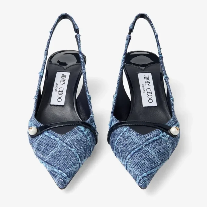 Amita 45 Slingback din denim cu model încrucișat de culoare marină și piele lăcuită