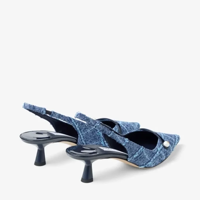 Amita 45 Slingback din denim cu model încrucișat de culoare marină și piele lăcuită