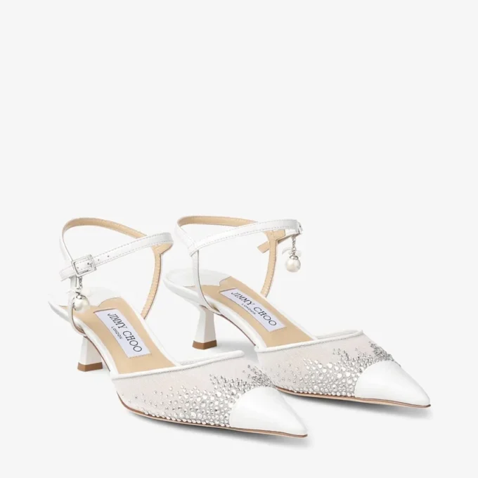 Aren Sling Back 45 Pantofi cu baretă din plasă cu cristale albe și pandantiv cu perle