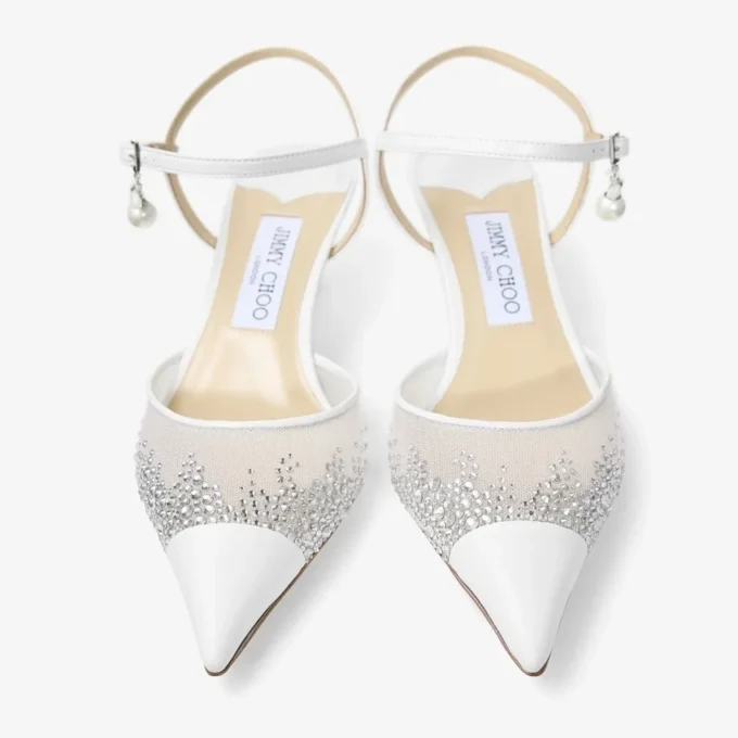 Aren Sling Back 45 Pantofi cu baretă din plasă cu cristale albe și pandantiv cu perle