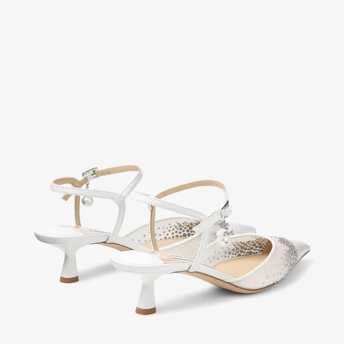 Aren Sling Back 45 Pantofi cu baretă din plasă cu cristale albe și pandantiv cu perle