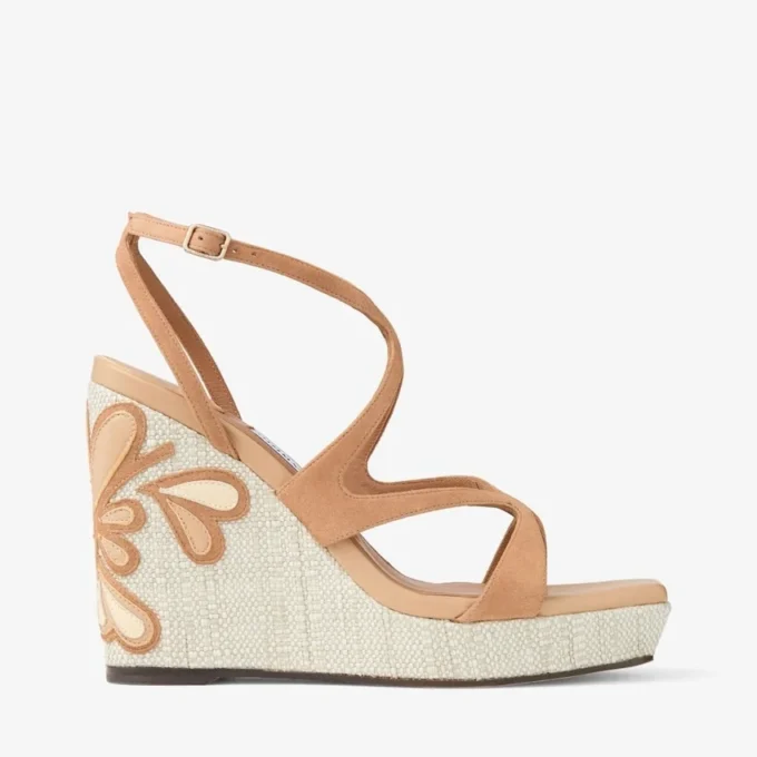 Ayla 110 Pantofi cu platformă din piele de căprioară și piele nappa în nuanțe de caramel și natural, cu rafie fină