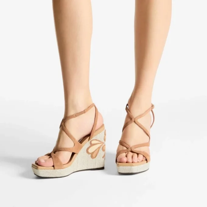 Ayla 110 Pantofi cu platformă din piele de căprioară și piele nappa în nuanțe de caramel și natural, cu rafie fină