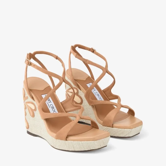 Ayla 110 Pantofi cu platformă din piele de căprioară și piele nappa în nuanțe de caramel și natural, cu rafie fină