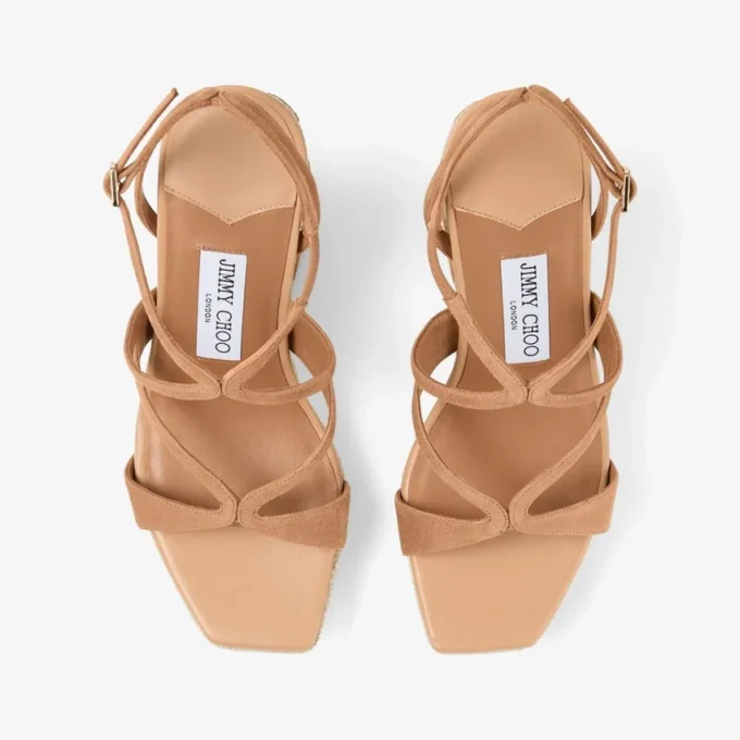 Ayla 110 Pantofi cu platformă din piele de căprioară și piele nappa în nuanțe de caramel și natural, cu rafie fină