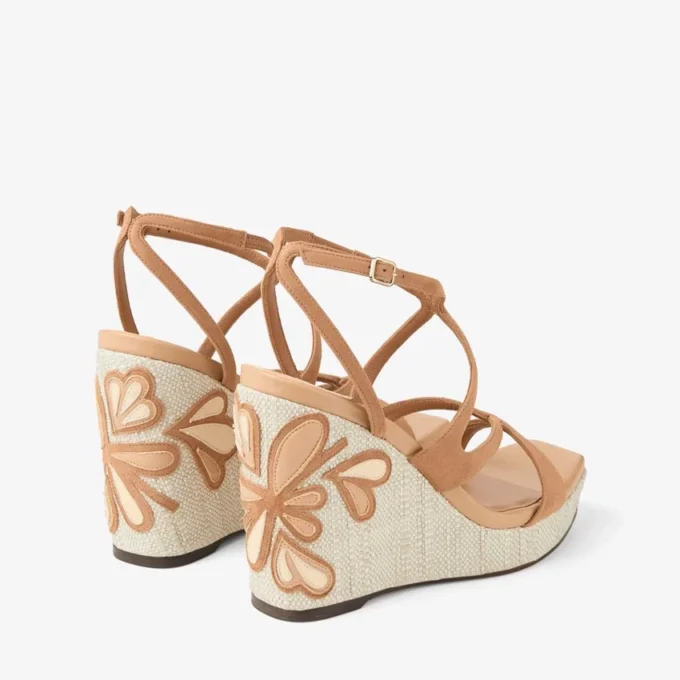 Ayla 110 Pantofi cu platformă din piele de căprioară și piele nappa în nuanțe de caramel și natural, cu rafie fină