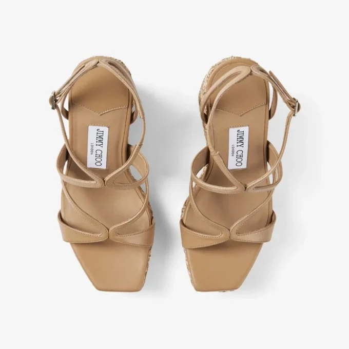 Ayla 110 Pantofi cu toc înalt din piele nappa cappuccino și rafie împletită cu flori