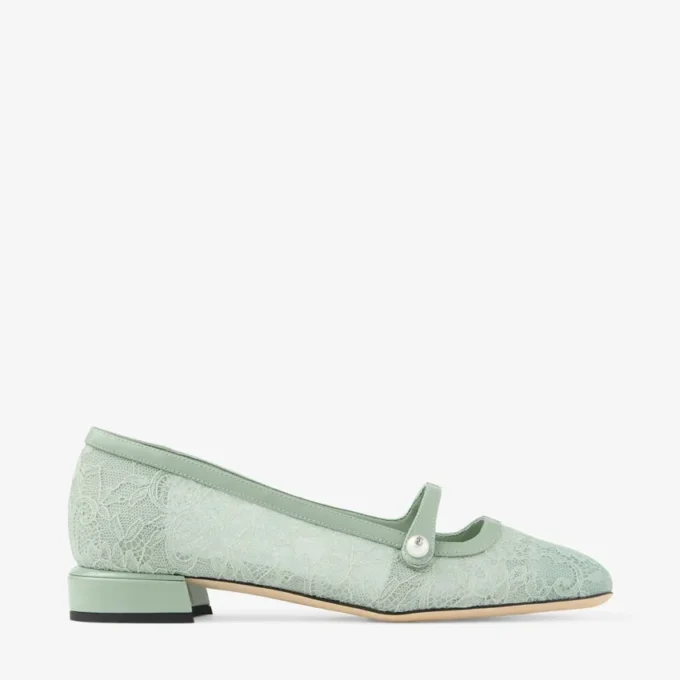Balerini Elisa Verde Jimmy Choo din dantelă și piele spazzolato