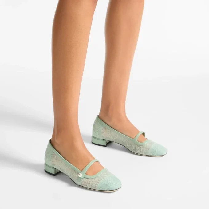 Balerini Elisa Verde Jimmy Choo din dantelă și piele spazzolato