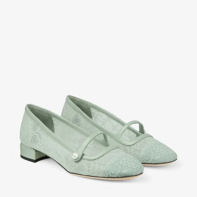 Balerini Elisa Verde Jimmy Choo din dantelă și piele spazzolato