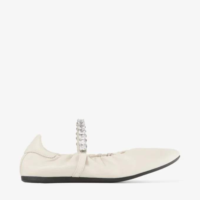 Balerini Jade din piele nappa moale de culoare latte, cu curea cu cristale Balerini Jade din piele nappa moale de culoare latte, cu curea cu cristale