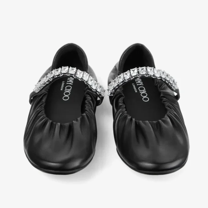 Balerini Jade din piele nappa moale neagră, cu curea cu cristale Balerini Jade din piele nappa moale neagră, cu curea cu cristale