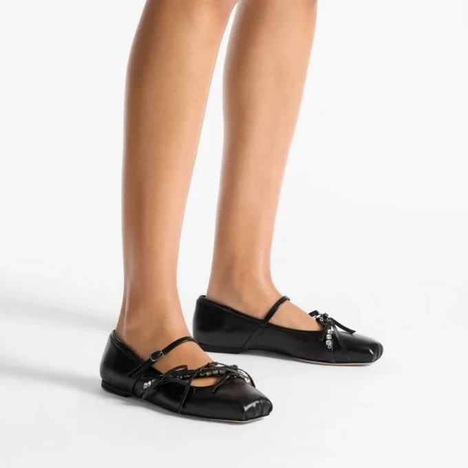 Balerini Loli din piele nappa neagră lucioasă, cu fundițe din piele moale