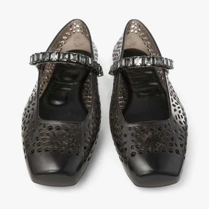 Balerinii Jelly Black cu ornamente din cristale Balerinii Jelly Black cu ornamente din cristale