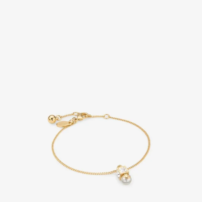 Brățară Jc Pearl Cube Brățară din metal auriu cu perle și cuburi de cristal Brățară Jc Pearl Cube Brățară din metal auriu cu perle și cuburi de cristal