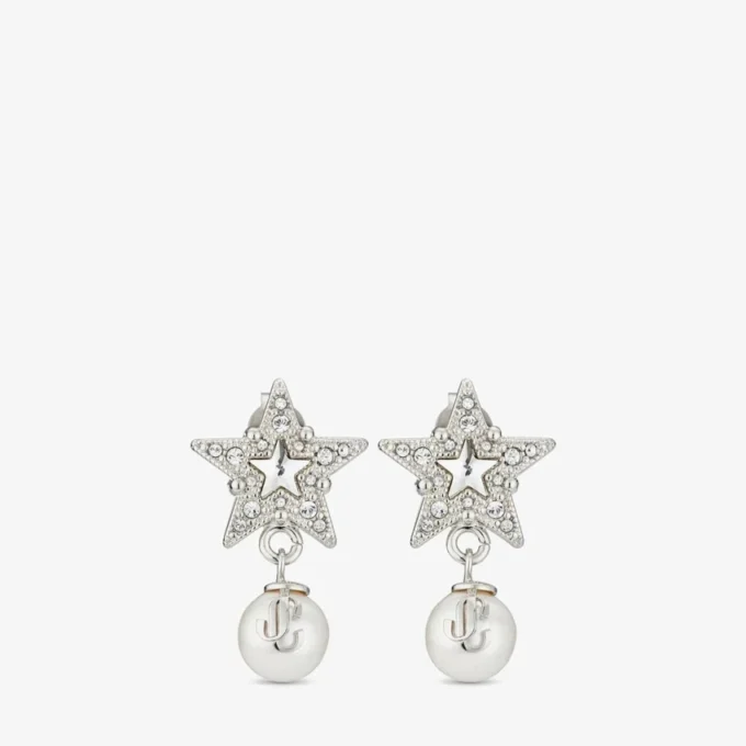 Cercei Crystal Star Cercei din metal cu finisaj argintiu, cu perle din rășină albă și cristale