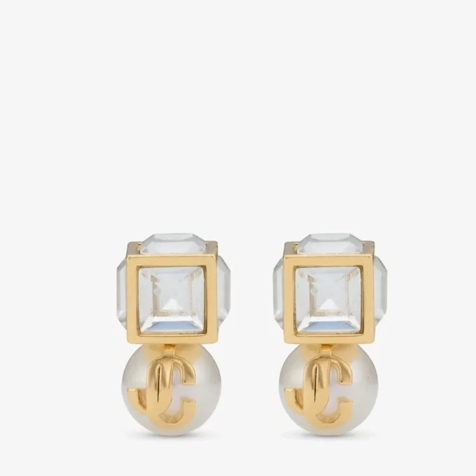 Cercei Jc Pearl Cube Studs din metal auriu cu perle și cuburi de cristal Cercei Jc Pearl Cube Studs din metal auriu cu perle și cuburi de cristal