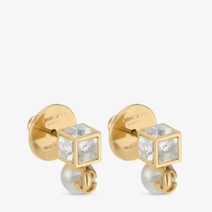 Cercei Jc Pearl Cube Studs din metal auriu cu perle și cuburi de cristal Cercei Jc Pearl Cube Studs din metal auriu cu perle și cuburi de cristal