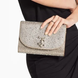 Clutch Curve Clutch din piele de căprioară aurie strălucitoare cu cristale Hotfix