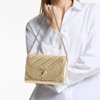 Clutch Curve Clutch din piele metalică matlasată auriu strălucitor, cu lanț
