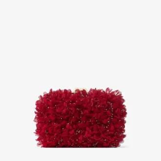 Clutch din satin roșu rubiniu Cloud cu broderie în formă de petale