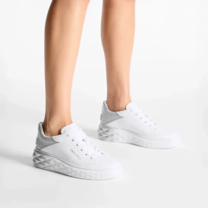 Diamond Maxi F Ii Adidași din piele Nappa albă și argintie cu sclipici Diamond Maxi F Ii Adidași din piele Nappa albă și argintie cu sclipici