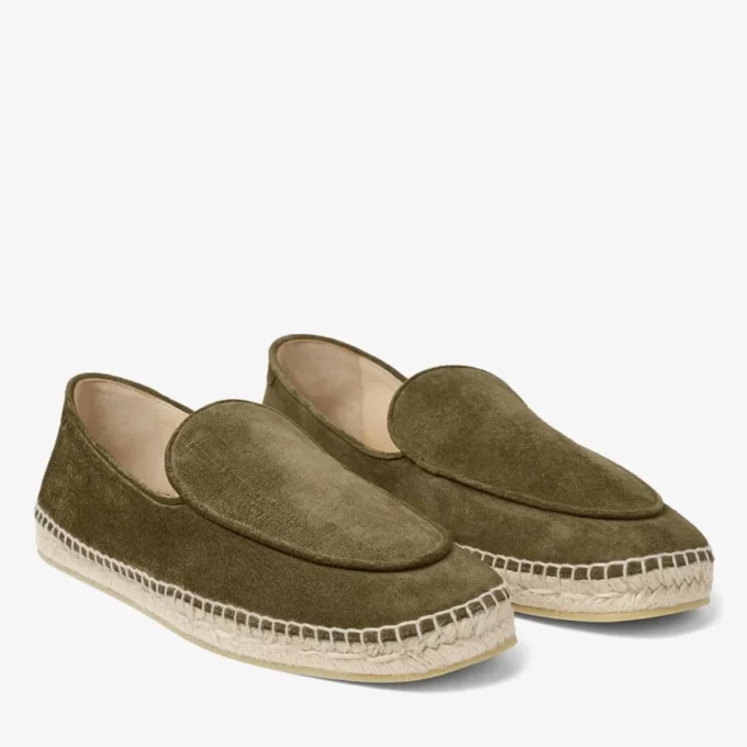 Espadrile cu șireturi Vine din piele de căprioară catifelată gravată, de culoare verde mușchi