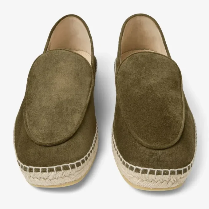 Espadrile cu șireturi Vine din piele de căprioară catifelată gravată, de culoare verde mușchi
