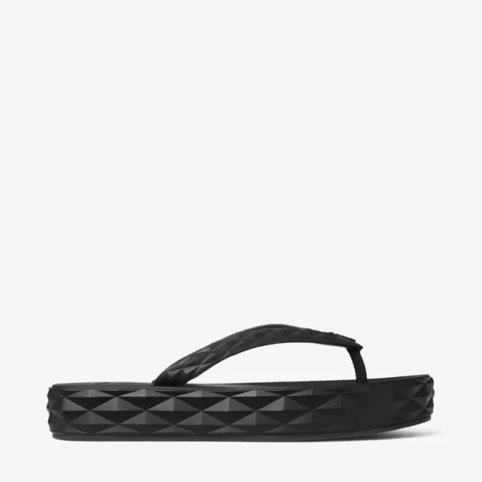 Flip-flopi cu diamante, pantofi plat din cauciuc negru Flip-flopi cu diamante, pantofi plat din cauciuc negru