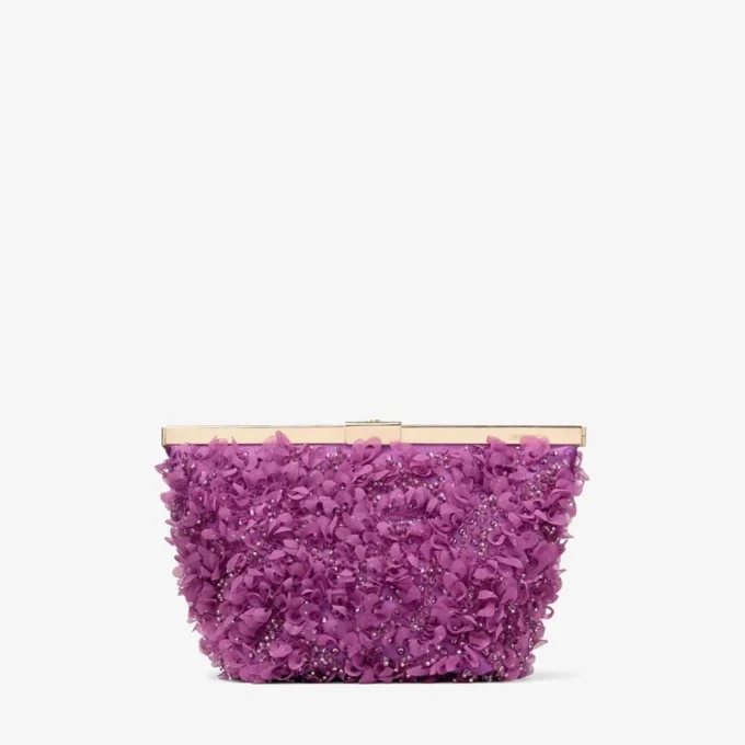 Ganache Violet Orchid Clutch din satin cu broderie în formă de petale