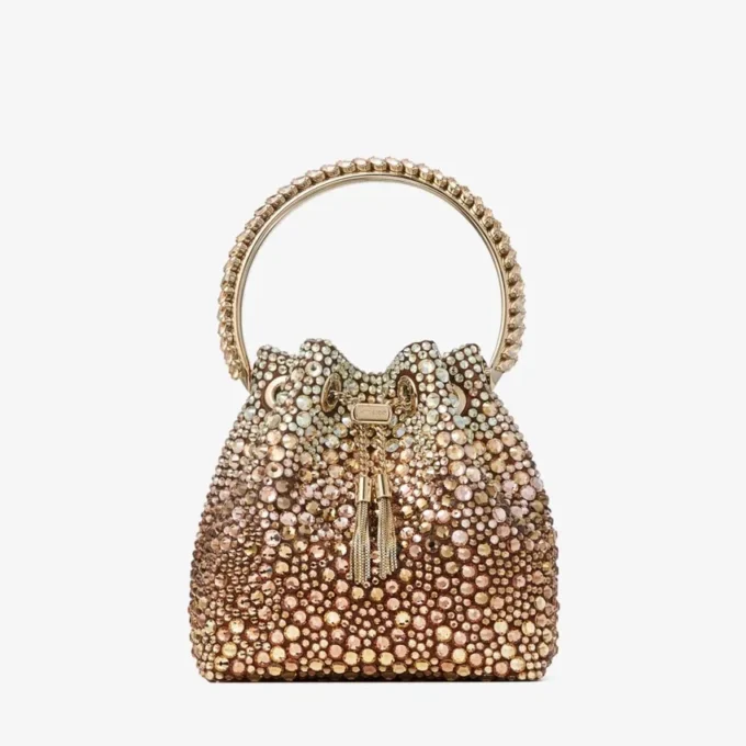 Geantă de mână Bon Bon din satin bronz cu cristale degradate Geantă de mână Bon Bon din satin bronz cu cristale degradate