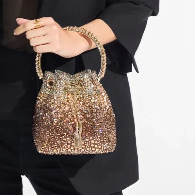 Geantă de mână Bon Bon din satin bronz cu cristale degradate Geantă de mână Bon Bon din satin bronz cu cristale degradate