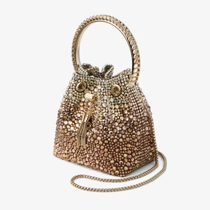 Geantă de mână Bon Bon din satin bronz cu cristale degradate Geantă de mână Bon Bon din satin bronz cu cristale degradate