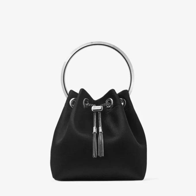 Geantă de mână Bon Bon din satin negru cu mâner metalic Geantă de mână Bon Bon din satin negru cu mâner metalic