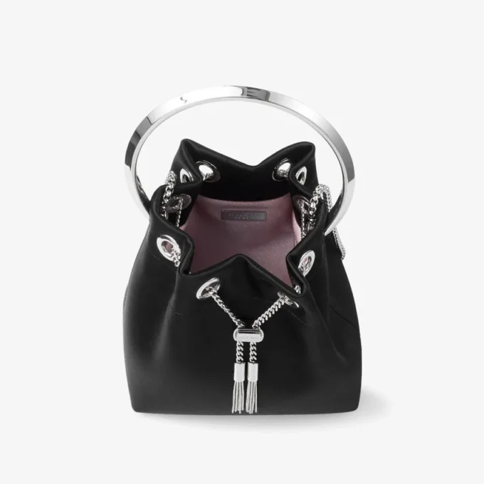 Geantă de mână Bon Bon din satin negru cu mâner metalic Geantă de mână Bon Bon din satin negru cu mâner metalic