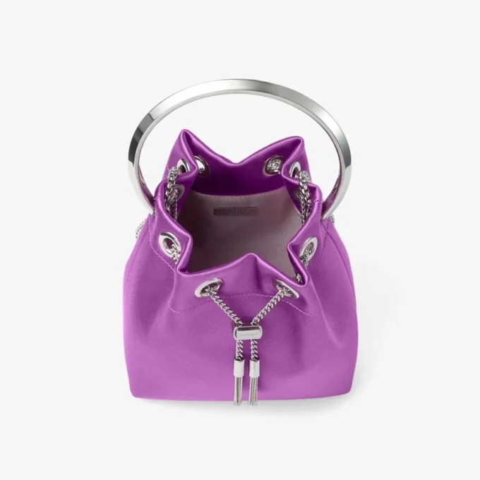 Geantă de mână Bon Bon din satin violet orhidee cu mâner metalic Geantă de mână Bon Bon din satin violet orhidee cu mâner metalic
