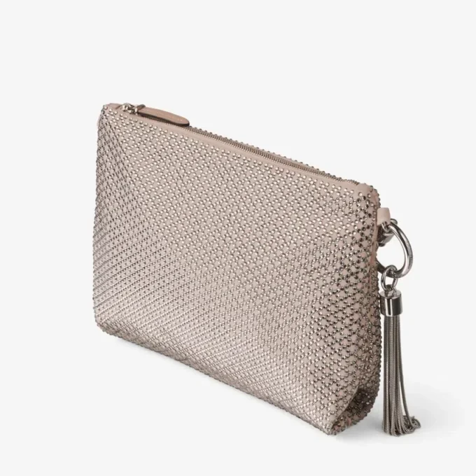Geantă de mână Callie din piele de căprioară roz balet, cu motiv de diamante și cristale Hotfix Geantă de mână Callie din piele de căprioară roz balet, cu motiv de diamante și cristale Hotfix