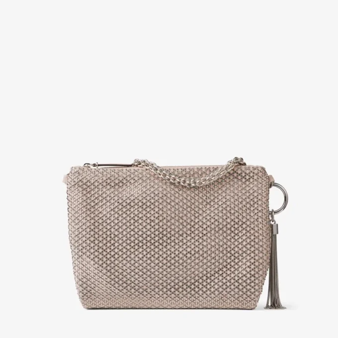 Geantă de mână Callie din piele de căprioară roz balet, cu motiv de diamante și cristale Hotfix Geantă de mână Callie din piele de căprioară roz balet, cu motiv de diamante și cristale Hotfix