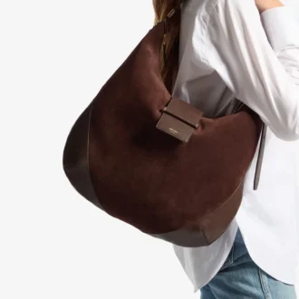 Geantă de umăr Bar Hobo M din piele de căprioară ciocolatie cu finisaje din piele
