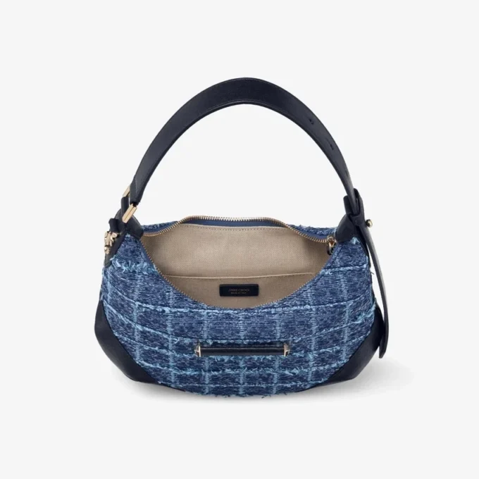 Geantă de umăr Bar Hobo Small din denim cu model în cruciulițe, de culoare bleumarin, cu finisaje din piele Biker Geantă de umăr Bar Hobo Small din denim cu model în cruciulițe, de culoare bleumarin, cu finisaje din piele Biker