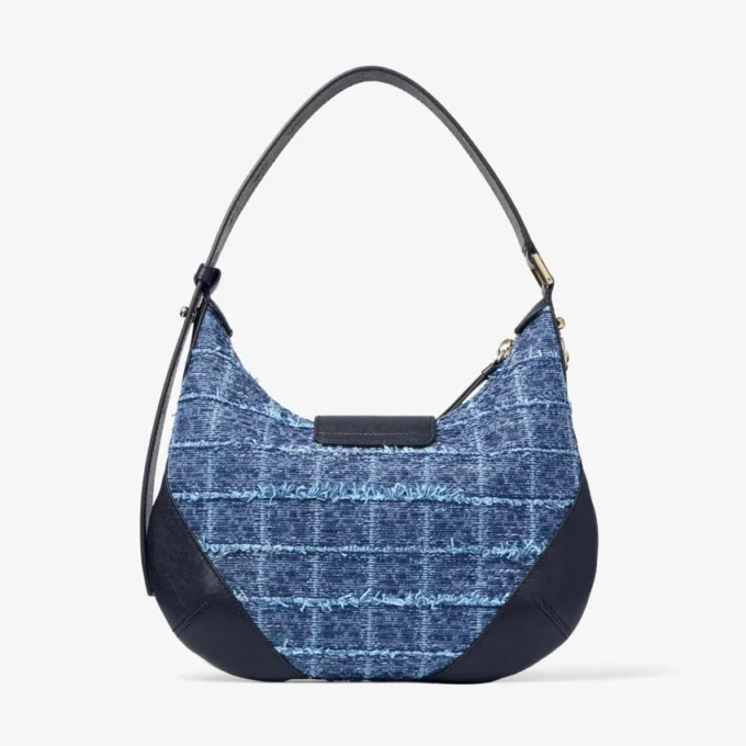 Geantă de umăr Bar Hobo Small din denim cu model în cruciulițe, de culoare bleumarin, cu finisaje din piele Biker Geantă de umăr Bar Hobo Small din denim cu model în cruciulițe, de culoare bleumarin, cu finisaje din piele Biker