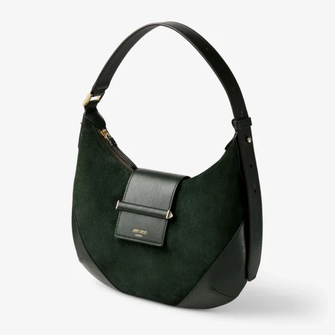 Geantă de umăr Bar Hobo Small din piele de căprioară verde britanică, cu finisaje din piele Biker Geantă de umăr Bar Hobo Small din piele de căprioară verde britanică, cu finisaje din piele Biker